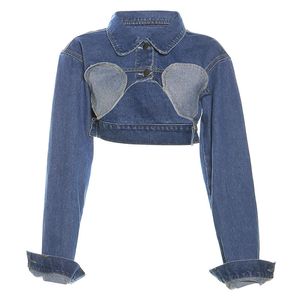 Giacche da donna Retro Patchwork Denim corto per donna Autunno manica lunga abbottonatura Y2K Streetwear Blue Jeans Cappotti corti Donna 230914