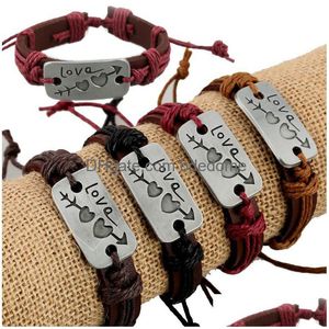 Charme pulseiras novo amor de couro genuíno à primeira vista casal uma seta duplo coração wrap bangle para mulheres homens jóias presente gota deli dh7lg