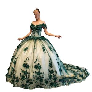 2023 Hunter Green Nude Prom Sweet 16 Abiti Abito di sfera Floreale 3D Fiori Perle In rilievo Al largo della spalla Abito Quinceanera Plus Siz179P