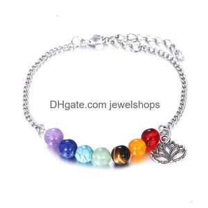 Braccialetti con ciondoli Nuovi 7 Chakra Charms Fiore di loto per le donne Guarigione di cristallo Nce Perline Pietra naturale Yoga Gioielli fatti a mano Consegna di goccia Dhck5