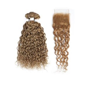 Cabelos humanos virgens da Malásia 27# pacotes de cores com 4x4 Lace Frontal Water Wave 4 PCs/lote 10-30 polegadas