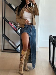 Saias tossy 2023 verão split out denim saia jean casual longo cintura baixa jean streetwear midi lápis y2k 230915