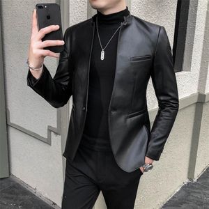 Faux läder män blazer casual smal fit blazer masculino pu kostym jacka enkel knapp bröllop affär klänning kappa ropa hombre218d