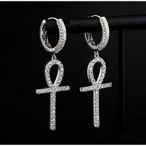 1 paio casual 925 Sier Ankh croce orecchini pendenti in oro bianco 14 carati diamante micro pavimenta zircone cubico orecchino uomo donna regalo consegna gioielli