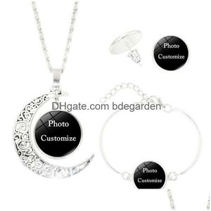 Armbandörhängen halsband Personlig skräddarsydd PO -medaljonger Set Glass Cabochon Pendant Moon Stud Dangle Bangle Fashion D Dhwiy