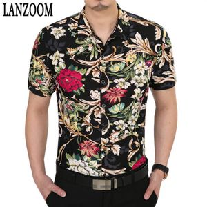 Marca superior design de manga curta camisas dos homens luxo elegante nobre grande impressão flor casual vestido camisa primavera verão dos homens top182n