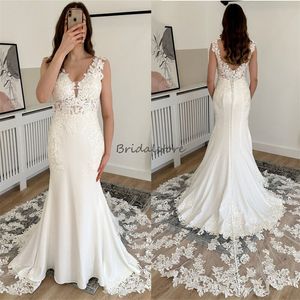 Plus Size Boho Meerjungfrau Hochzeitskleid Sexy V-Ausschnitt Spitze Lange Schleppe Böhmische Kirche Brautkleider Rückenfrei Koreanisches Land Herbst Braut Robe De Mariee Vestidos Novias Boda