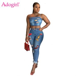 Tute da donna Adogirl Cartoon Patch Jeans Set da due pezzi Spalline per spaghetti Crop Top Pantaloni arricciati Sexy Night Club Suit Abiti casual 230915