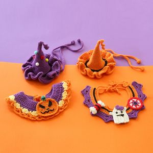 Dog Collars Leashes Halloween Collar Pet Bib Cat Hat Hand Knitted Crochet Pumpkin Costume Accessories 230915