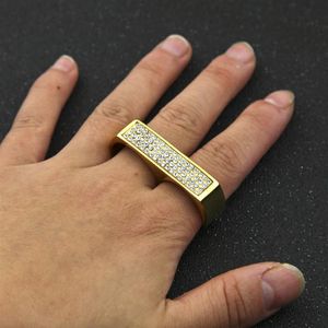 Hip Hop Rhinestone tvåfingerring för män geometriska glansiga guldpläterade rostfritt stål enkla ringar mode smycken272f