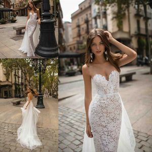 Berta Mermaid 웨딩 드레스 섹시한 V 목 뒤지지 않은 레이스 해변 신부 가운 분리 가능한 기차 웨딩 드레스 vestido de novia200j