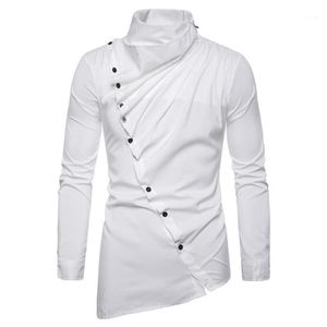 Camisas casuais masculinas 2021 assimétrico inclinado placket heap colarinho camisa de manga longa nx530412346