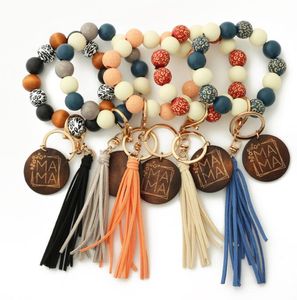 Keychains Lanyards Mothers Day Letters Printing Wood Sile Sile Bead Armband Keychain Fashion CNADY Color Leopard Wristlet Beads Womens 1 DHFSV