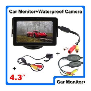 Câmeras de visão traseira do carro sensores de estacionamento 4.3 Polegada monitor à prova dwaterproof água câmera retrovisor sem fio 2 vídeos sistema entrega gota automóveis m dh60i