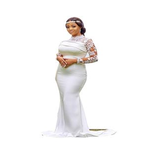 2022 Vintage Simple Arabic Aso Ebi Mermaid Wedding Dresses Long Sleeves Lace Appliques Belt Sashes Bridal Dress High Neck Illusion269v