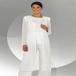 White Chiffon Long Sleeves Mother of the Bride Pant Suits With Long Blouse Sequins Beaded Three Pieces Mother of Groom Pant Suit B226i