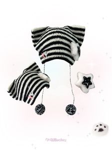 Beanie/Kafatası Kapakları Ruibbit Kız Punk Headdress Stripe Kedi Kedi Kulak Peluş Kapüşonlu Noel Şapkası Kış Sıcak Rüzgar Geçirmez Kulak Şapkası Scarf Woman Y2K 230915