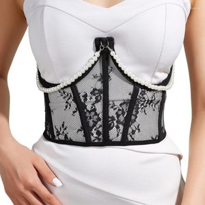 Cinture Delicato corsetto in vita femminile con cintura a catena di perle pendenti Corsetti in vita dimagranti con motivo in pizzo trasparente da donna