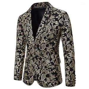 Mens Blazer Jacket Shiny Gold Paisley Blazer Men DJ Club Bar Party Sack Jacket Sånger Sångare Costume Homme Wedding Tuxede Blazers1279C