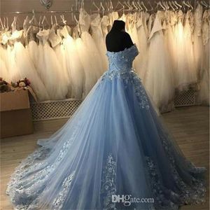 Ljusblå bollklänning aftonklänningar med 3D blommig applikation plus storlek balklänningar söta 16 klänningar älskling korsett tyll quincea288o