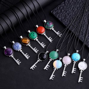 Natural Stone key Shape Pendant Round Opal Rose Quartz Crystal Necklace Tiger Eye Lapis Animal Charms for Jewelry Making Necklaces