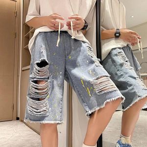 Women's Jeans Ripped Splash-Ink Beggar Denim Shorts Men's Fashion Hong Kong Style Drawstring Burr Straight Five Points Pirate