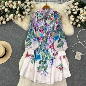 Abiti casual Runway Holiday Flower Mini Dress 2023 Colletto con bavero da donna Manica lunga a lanterna Stampa floreale Cintura con lacci Party245r