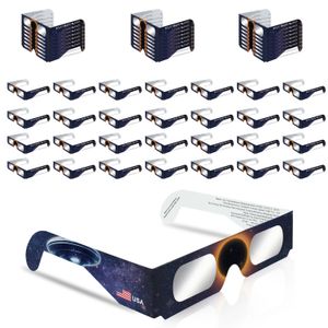 Famiglia di occhiali Solar Eclipse, confezione da 50, realizzati da una fabbrica riconosciuta AAS, certificati CE e ISO, tecnologia di filtraggio solare di alta qualità, taglia unica per tutti gli occhiali