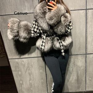 Männer Hoodies Sweatshirts Faux Pelz Kragen Jacke Mode Krawatte Gürtel Taille Mäntel Elegante Dünne Hahnentritt Kurze Weibliche Damen Abrigo 230915