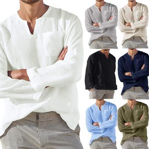 Camisas Casuais Masculinas Homens Algodão Linho Tops Outono Sólido Manga Longa Com Decote Em V Pulôver Plus Size Camisa Oversize