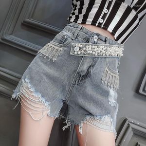 Frauen Shorts Weibliche Casual Sommer Damen Perle Ripped Loch Denim Klassische Vintage Hohe Taille Blau Breite Bein Kurze Jeans