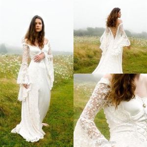 Gotico Boho Bohemian con spalle scoperte Abiti da sposa con schiena a campana Maniche lunghe con lacci Abiti da sposa medievali Country Celtic Weddi261O