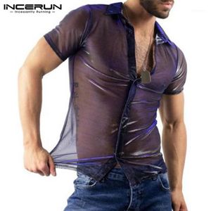 Men's Casual Shirts Mesh Shirt Men Short Sleeve Lapel Solid Color Transparent Chic Party Stage Performance 2021 Camisas Hombr3083