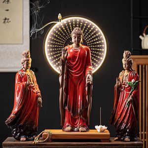 Dekorative Objekte, Figuren, westliche drei heilige Keramik-Buddha-Ornamente, chinesische Heimdekoration, LED-Lichtring, buddhistische Ornamente 230914