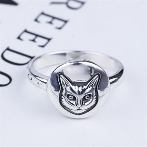 S925 Silver Cat Head Ring Vintage Classic Sterling Silver Cat Yüz Yüzük İngiliz Tarzı Hip-Hop Erkek ve Kadın Tay Gümüş Yüzük218U