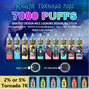 Original randm fumot tornado 7000 engångscigaretter 14 ml mesh spole 6 glödande färger laddningsbara batteri luft justerbar 0% 2% 5% anordning 7k vape penna 56 smaker