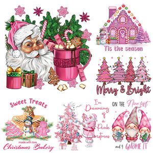 Pink Christmas Party Heat Transfer Logo Vinyl Washable Santa Xmas Tree Heat Transfer Iron On Stickers For T-Shirt Pillowcase