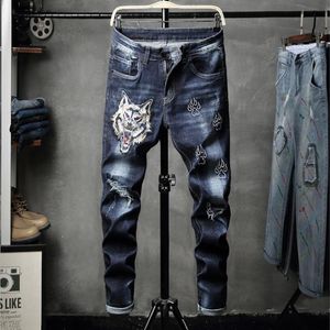 Novo designer de jeans dos homens magro casual luxo jeans moda tigre bordado magro motocicleta motociclista denim calças217h