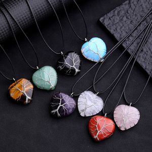 Wire Wrap Tree of life Pendant Natural Stone Heart Opal Rose Quartz Crystal Necklace Tiger Eye obsidian Charms for Jewelry Making Necklaces
