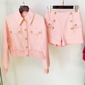 Tvådelad klänning rosa shortsjacka sätter sommarmode guldknapp labyrint mönster jacquard smal kort kappa hög kvalitet 230914