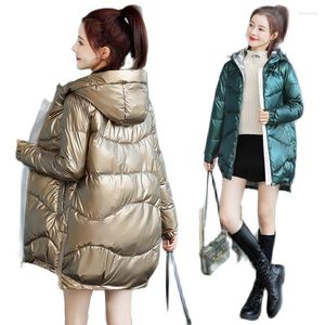 Kvinnors dikerockar Glossy No-Wash Cotton Coat Parkas Kvinnlig vinter i mitten av huven quiltade varma snöjackor Student