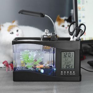 Dekorationer USB Desktop Mini Aquarium Fish Tank Beta med LED -ljus LCD -skärm och klockdekoration Pebbles 230915