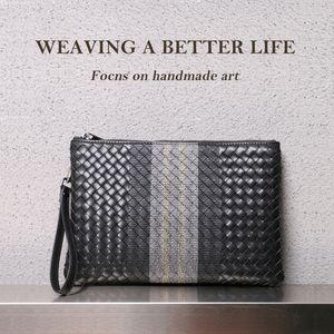 5A Men's Wristband Clutch Bag 100% Genuine Cow Leather Fashion Embroidery High-End Designer Leather Bag Luxury Brand Hand-Woven File Bag 2023 New Black