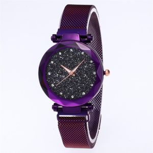 Diamond Starry Sky Dial Watch Vacker Purple Quartz Womens Watch Ladies Watches Fashion Woman Casual Wristwatches288V