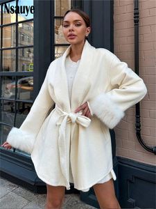 Mulheres misturas de lã Nsauye outono inverno pele sintética manga comprida casacos de lã quente com cinto mulheres vintage elegante jaqueta feminina senhoras outerwear 230914