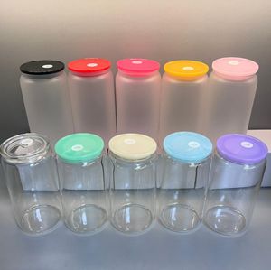 DHL Replaced Colored Plastic Lid Drinkware for 16oz Glass Tumbler Blank Clear Frosted Glass Mason Jar Libby Can Cooler Cola Beer Food Cans 5 Colors