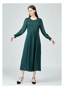 Casual Dresses Real Silk Jacquard O-Neck Long Sleeve Bright Line Decoration Refreshing Wild Malachite Green Dress AE1265