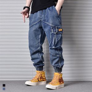 Męskie dżinsy japońskie mody mody dżinsy luźne multi kieszenie dżinsowe spodnie cargo