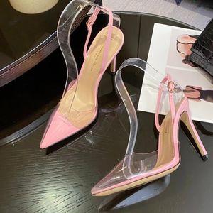 Nuovi sandali firmati Gianvito Rossi con cinturino alla caviglia con fibbia Tacco alto Scarpe da sposa per feste da donna a punta Confezione in PVC Scarpe eleganti da ballo in vera pelle