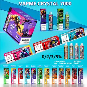 Auténtico VAPME CRYSTAL 7000 Puffs Vape desechable 18 sabores 14 ml Dispositivo precargado 650 mAh Tipo-C Batería recargable 0.8ohm MESH Bobina 7K E Cigarrillos OEM Bienvenido